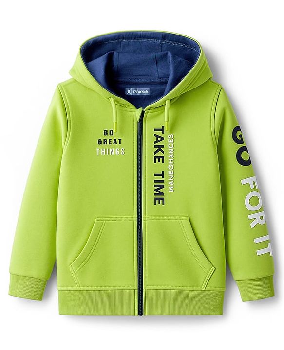 Pine Kids Cotton Knit Full Sleeves Hooded Sweatjacket With Text Print & Kangaroo Pockets - Limegreen
