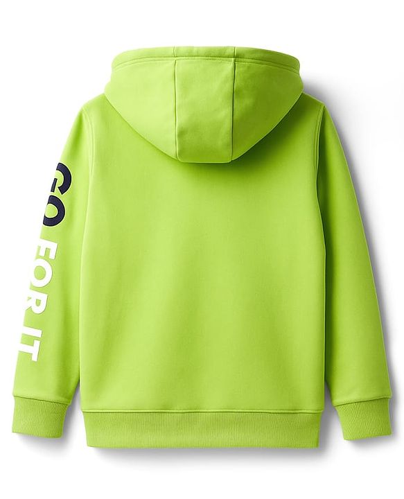 Pine Kids Cotton Knit Full Sleeves Hooded Sweatjacket With Text Print & Kangaroo Pockets - Limegreen