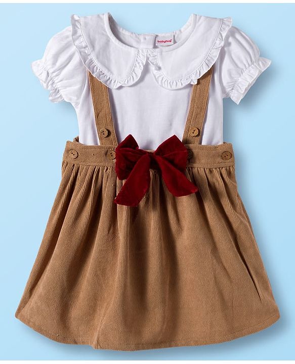 Babyhug Cotton Knit Half Sleeves Top & Skirt Set With Bow Applique - White
