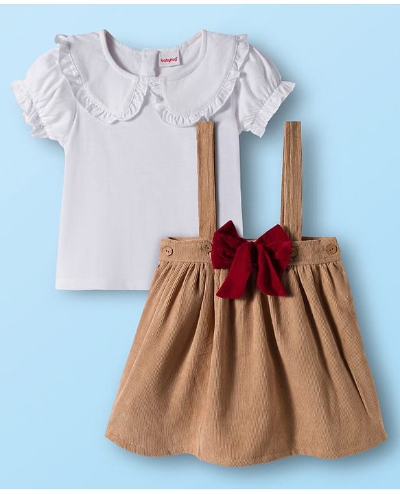 Babyhug Cotton Knit Half Sleeves Top & Skirt Set With Bow Applique - White