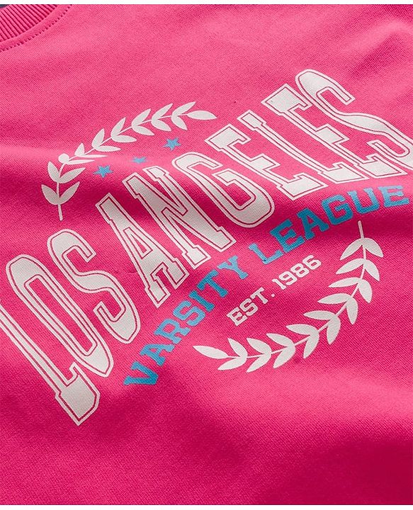 Pine Kids Cotton Knit Full Sleeves Sweatshirt With Los Angeles Text Print - Pink