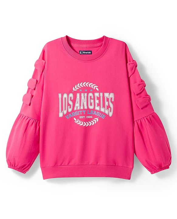 Pine Kids Cotton Knit Full Sleeves Sweatshirt With Los Angeles Text Print - Pink
