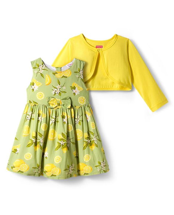 Babyhug Cotton Woven Floral Printed Frock with Three Fourth Sleeves Jacket - Yellow