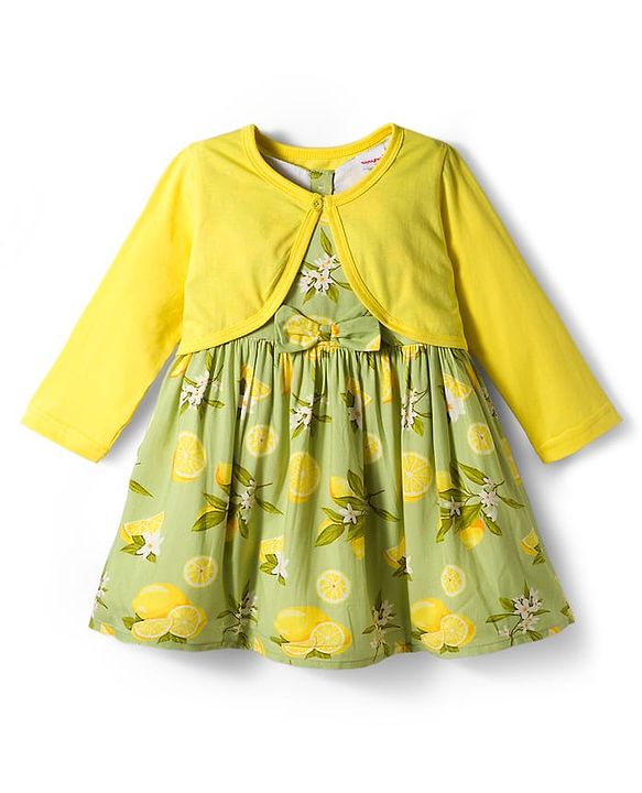 Babyhug Cotton Woven Floral Printed Frock with Three Fourth Sleeves Jacket - Yellow