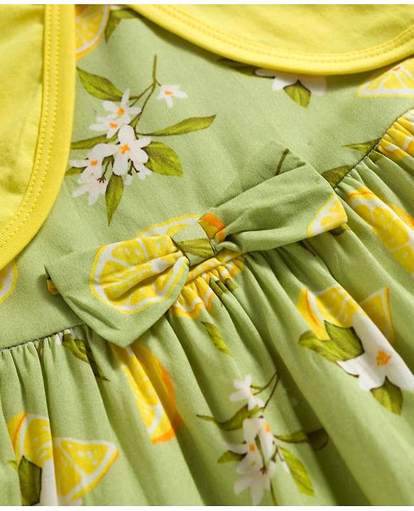 Babyhug Cotton Woven Floral Printed Frock with Three Fourth Sleeves Jacket - Yellow