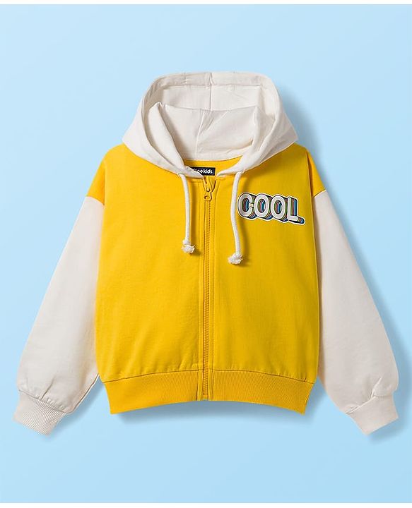 Pine Kids Cotton Knit Full Sleeves Hooded Sweatjacket With Cool Text Print - Yellow & White