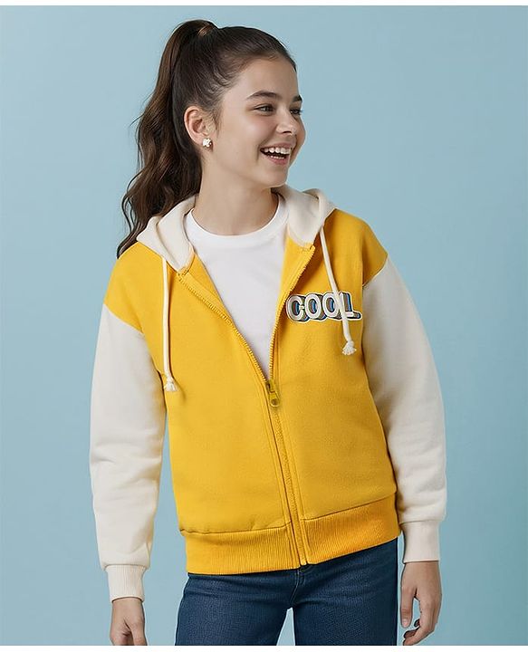 Pine Kids Cotton Knit Full Sleeves Hooded Sweatjacket With Cool Text Print - Yellow & White