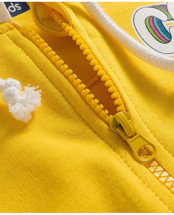 Pine Kids Cotton Knit Full Sleeves Hooded Sweatjacket With Cool Text Print - Yellow & White