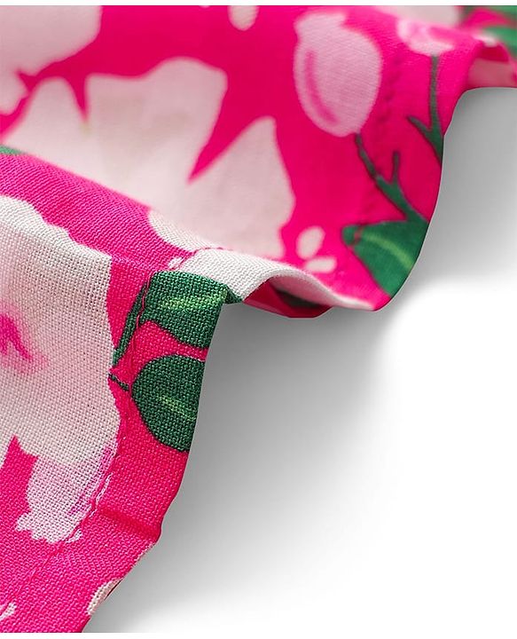 Babyhug Cotton Knit Floral Printed Dress With Full Sleeves Solid Coloured Shrug - Fuchsia