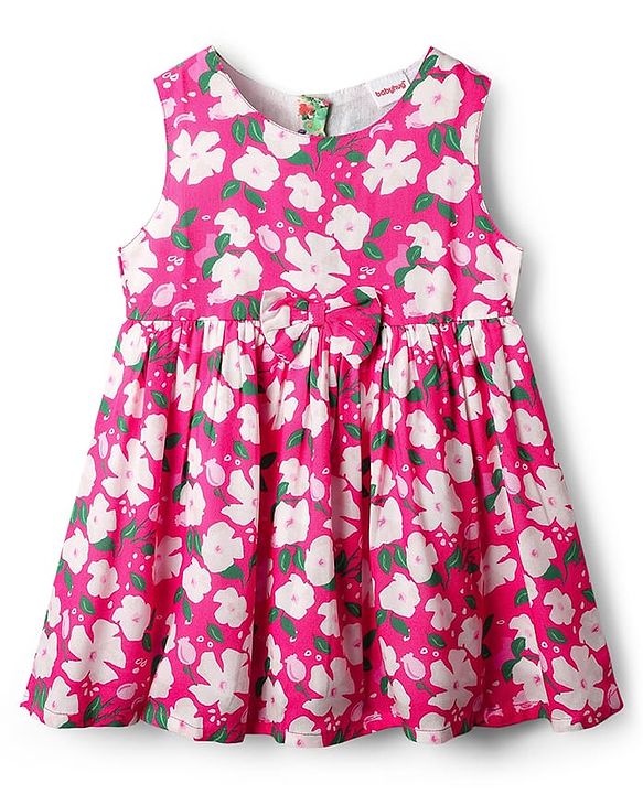 Babyhug Cotton Knit Floral Printed Dress With Full Sleeves Solid Coloured Shrug - Fuchsia