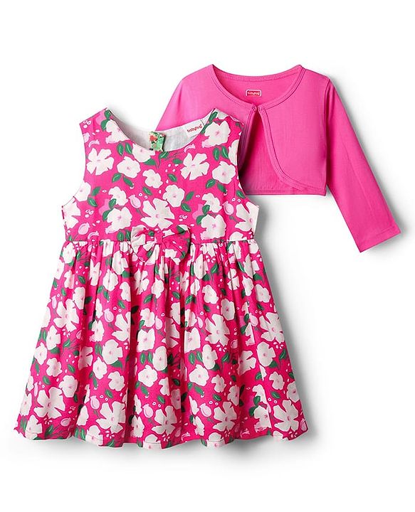 Babyhug Cotton Knit Floral Printed Dress With Full Sleeves Solid Coloured Shrug - Fuchsia