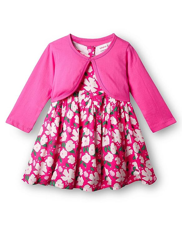 Babyhug Cotton Knit Floral Printed Dress With Full Sleeves Solid Coloured Shrug - Fuchsia
