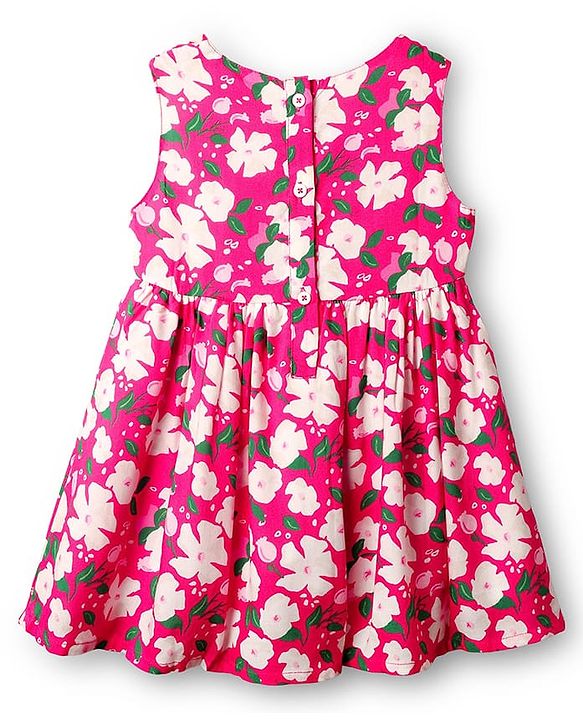 Babyhug Cotton Knit Floral Printed Dress With Full Sleeves Solid Coloured Shrug - Fuchsia
