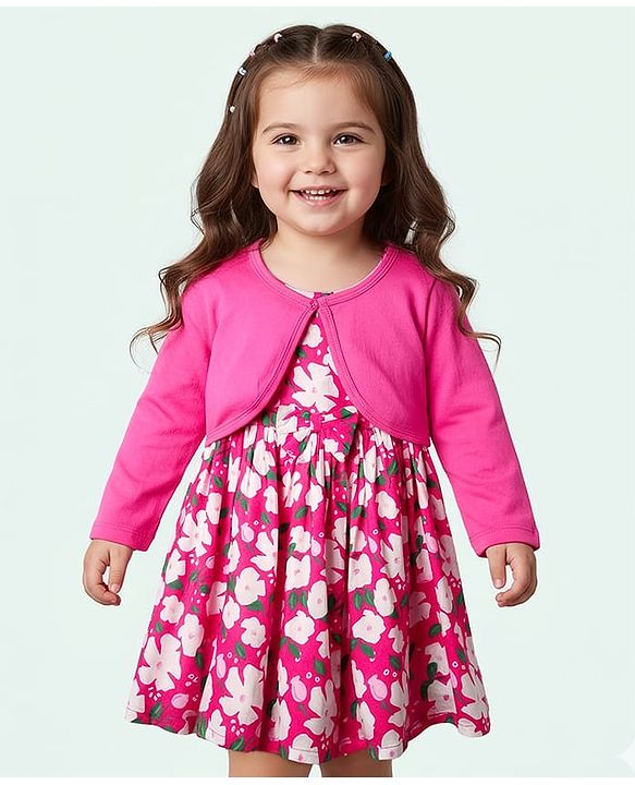 Babyhug Cotton Knit Floral Printed Dress With Full Sleeves Solid Coloured Shrug - Fuchsia