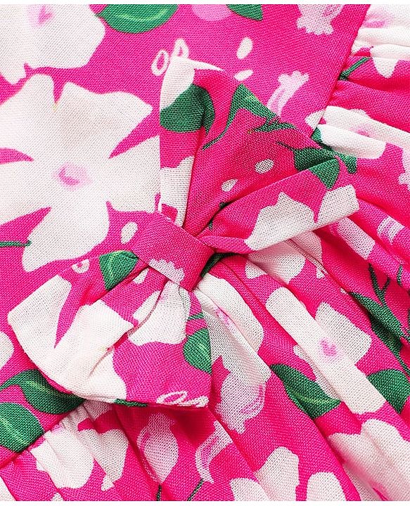 Babyhug Cotton Knit Floral Printed Dress With Full Sleeves Solid Coloured Shrug - Fuchsia