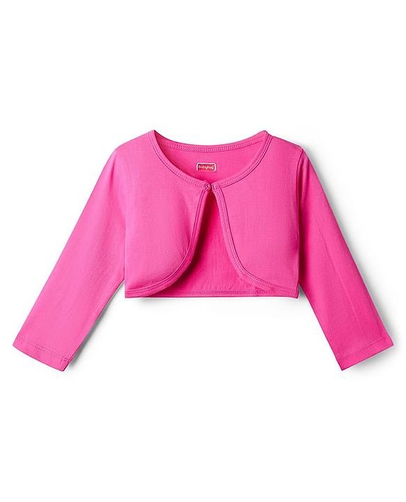 Babyhug Cotton Knit Floral Printed Dress With Full Sleeves Solid Coloured Shrug - Fuchsia