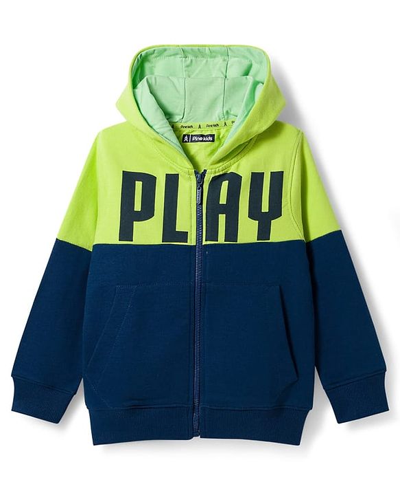 Pine Kids Knit Full Sleeves Hooded Sweatjacket with Play Text Print & Kangaroo Pockets - Navy Blue & Limegreen