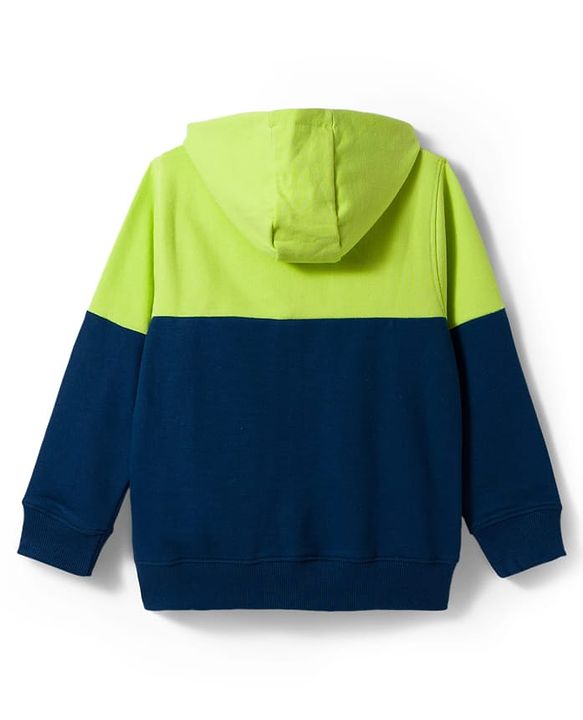 Pine Kids Knit Full Sleeves Hooded Sweatjacket with Play Text Print & Kangaroo Pockets - Navy Blue & Limegreen