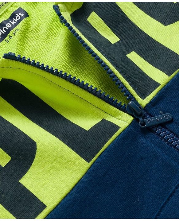 Pine Kids Knit Full Sleeves Hooded Sweatjacket with Play Text Print & Kangaroo Pockets - Navy Blue & Limegreen