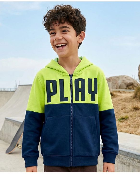 Pine Kids Knit Full Sleeves Hooded Sweatjacket with Play Text Print & Kangaroo Pockets - Navy Blue & Limegreen
