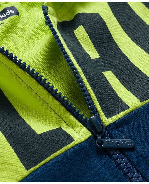 Pine Kids Knit Full Sleeves Hooded Sweatjacket with Play Text Print & Kangaroo Pockets - Navy Blue & Limegreen