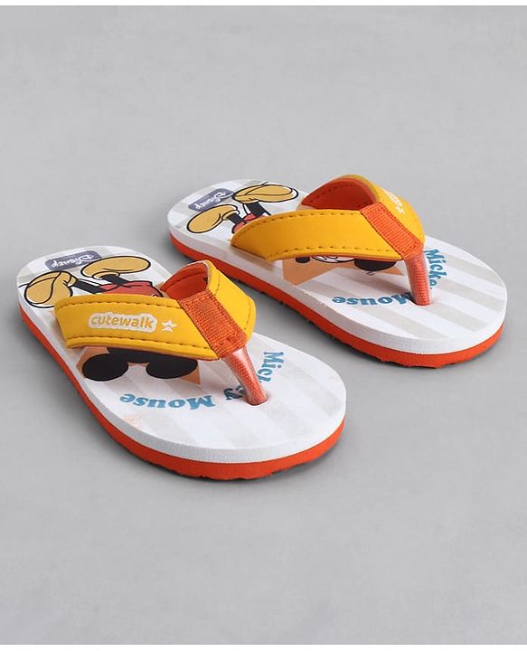 Cute Walk by Babyhug Disney Flip Flops With Mickey Mouse Print - Yellow & Beige