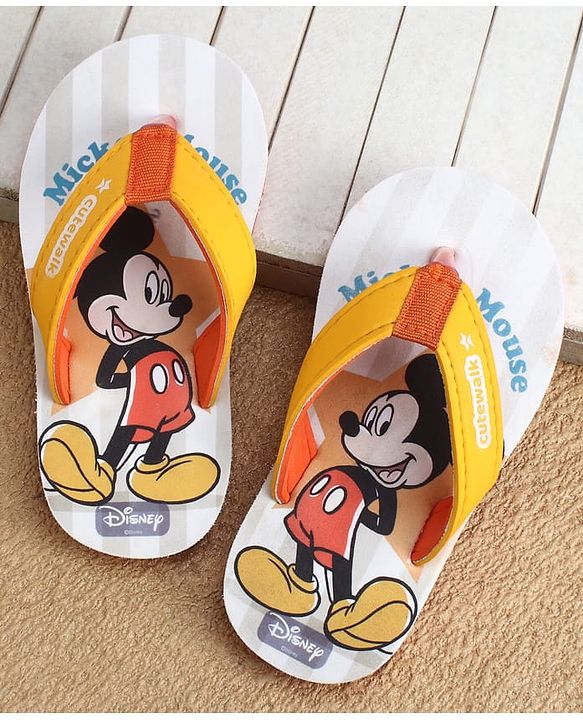 Cute Walk by Babyhug Disney Flip Flops With Mickey Mouse Print - Yellow & Beige