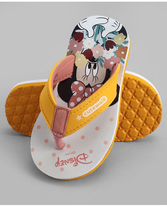 Cute Walk by Babyhug Disney Slip On Flip Flops with Minnie Mouse Print-  Yellow & Beige