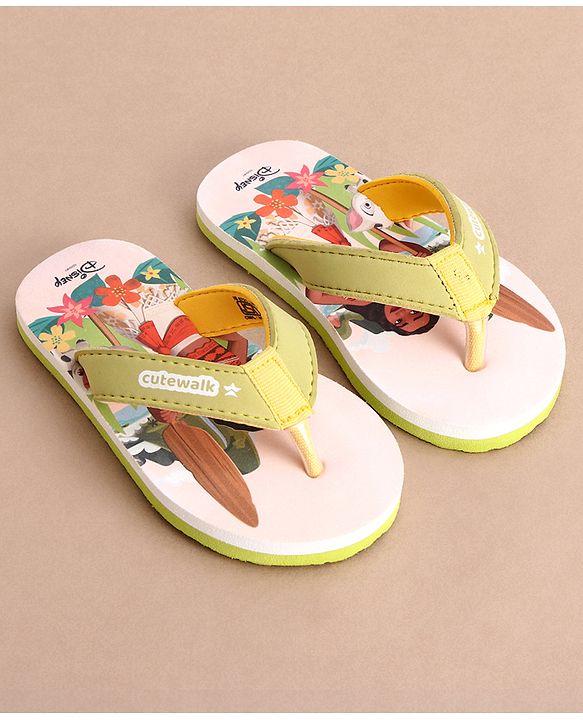 Cute Walk by Babyhug Disney Flip Flops With Moana Graphics - Beige & Green