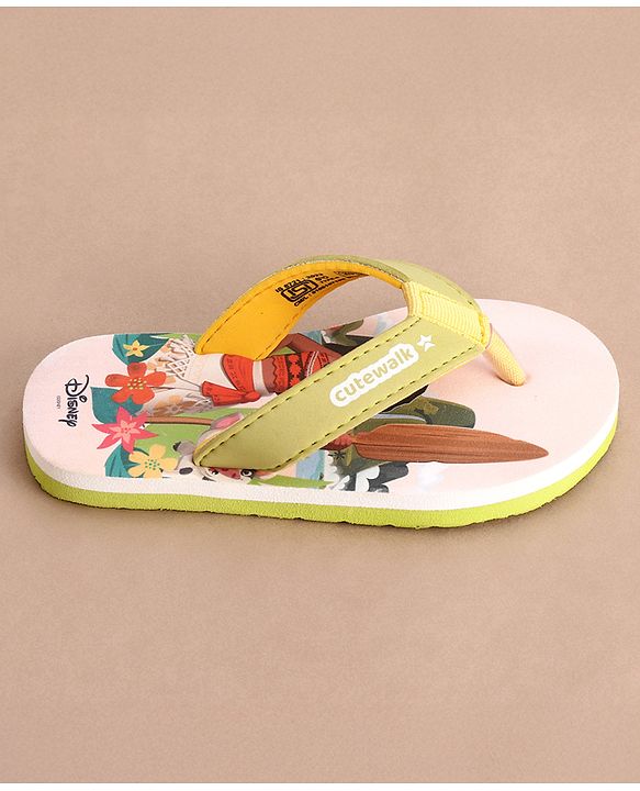 Cute Walk by Babyhug Disney Flip Flops With Moana Graphics - Beige & Green