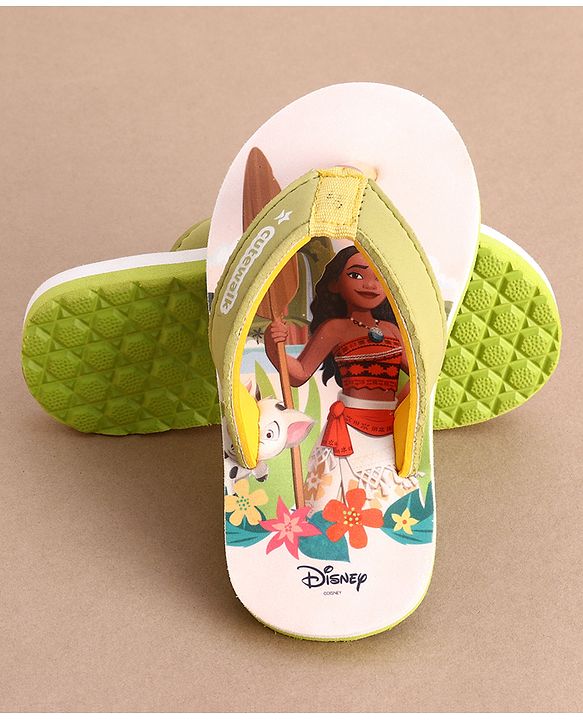 Cute Walk by Babyhug Disney Flip Flops With Moana Graphics - Beige & Green