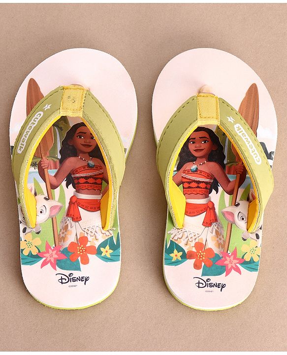 Cute Walk by Babyhug Disney Flip Flops With Moana Graphics - Beige & Green