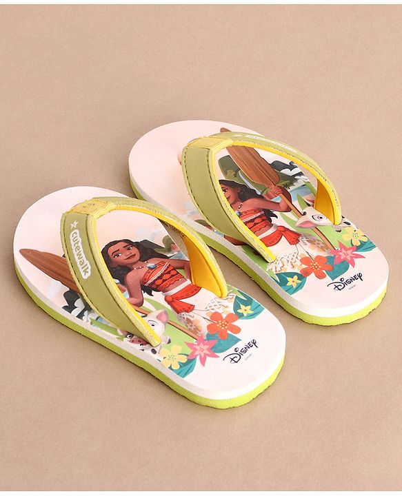 Cute Walk by Babyhug Disney Flip Flops With Moana Graphics - Beige & Green