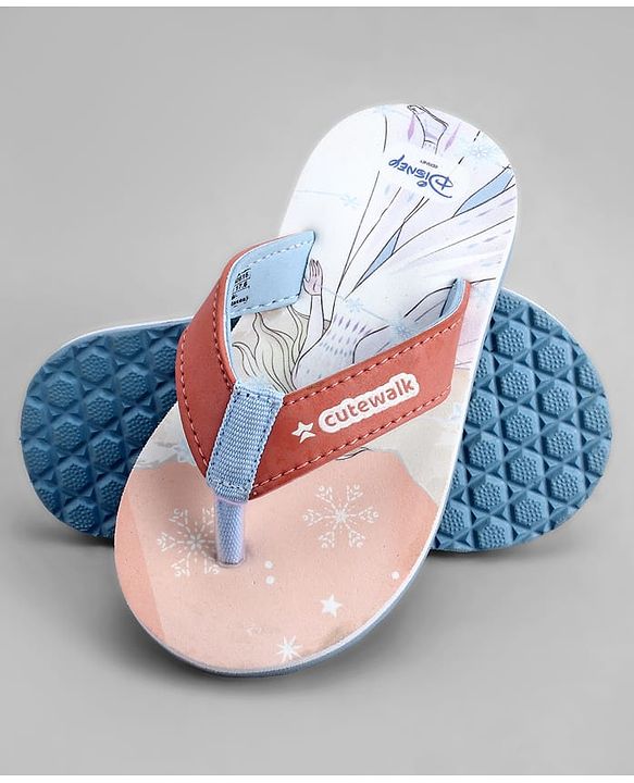 Cute Walk by Babyhug Disney Flip Flops With Frozen Print - Peach & White