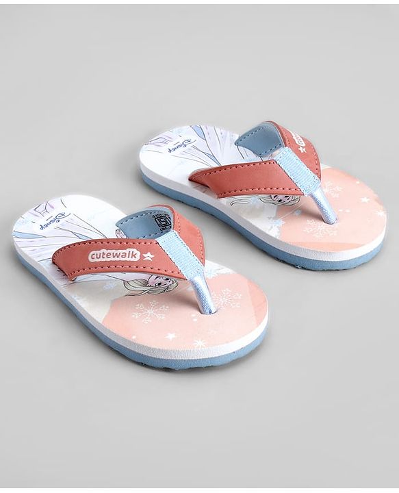Cute Walk by Babyhug Disney Flip Flops With Frozen Print - Peach & White