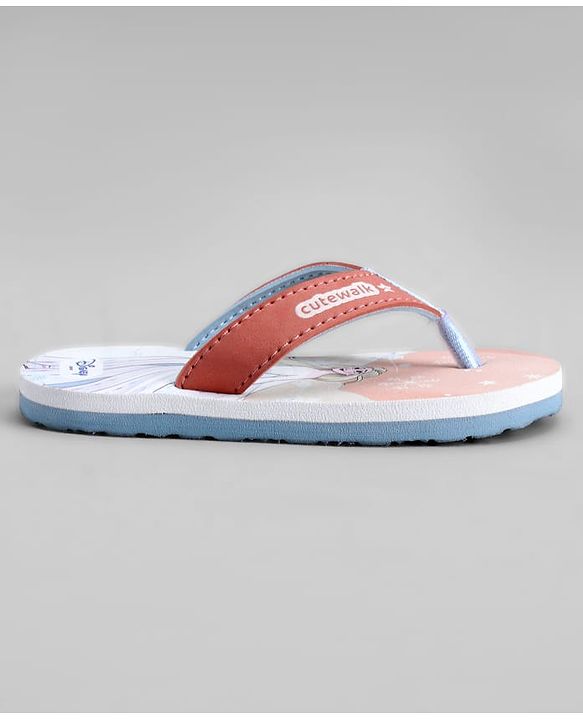 Cute Walk by Babyhug Disney Flip Flops With Frozen Print - Peach & White
