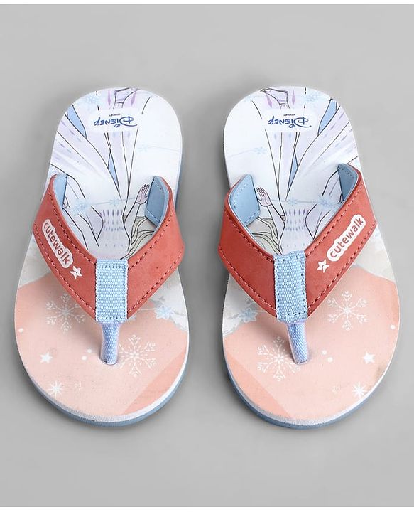 Cute Walk by Babyhug Disney Flip Flops With Frozen Print - Peach & White