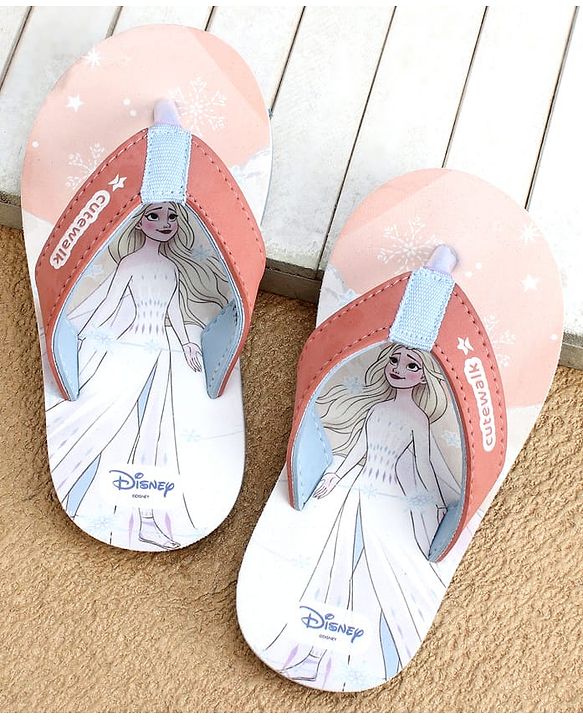 Cute Walk by Babyhug Disney Flip Flops With Frozen Print - Peach & White