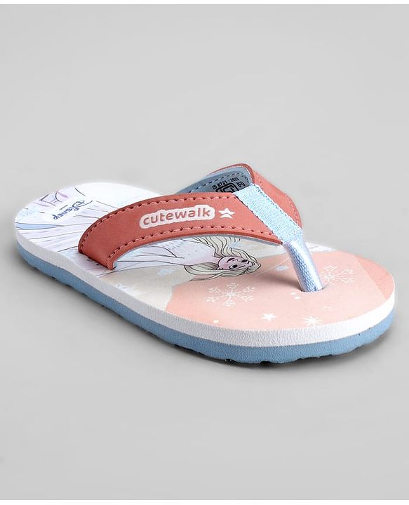 Cute Walk by Babyhug Disney Flip Flops With Frozen Print - Peach & White