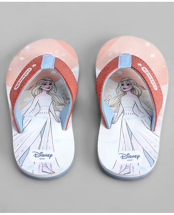 Cute Walk by Babyhug Disney Flip Flops With Frozen Print - Peach & White