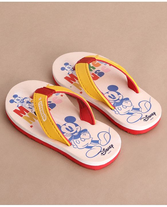 Cute Walk by Babyhug Disney Flip Flops With Mickey Mouse Graphics - Beige & Yellow