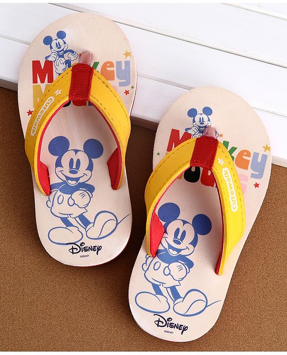 Cute Walk by Babyhug Disney Flip Flops With Mickey Mouse Graphics - Beige & Yellow