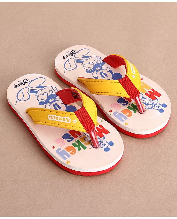 Cute Walk by Babyhug Disney Flip Flops With Mickey Mouse Graphics - Beige & Yellow