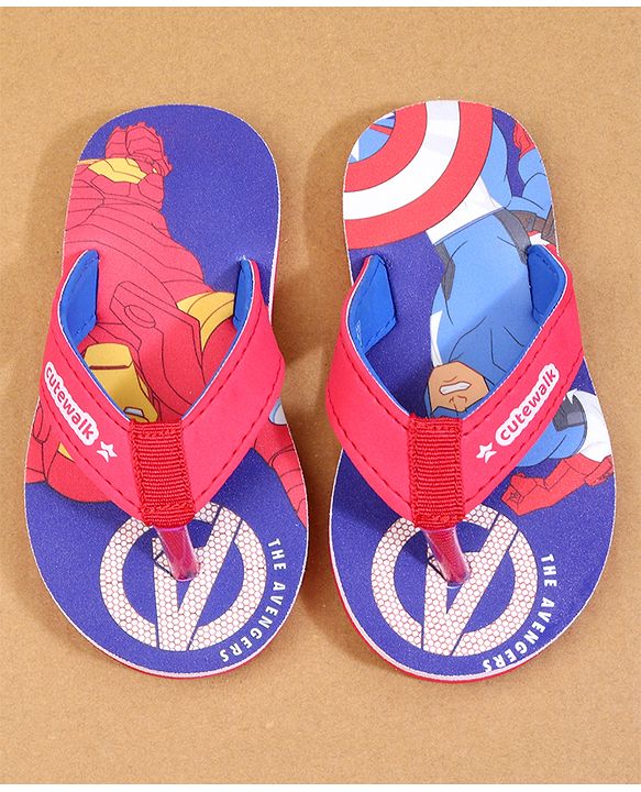 Cute Walk by Babyhug Marvel Flip Flops with Avengers Print - Red & Blue