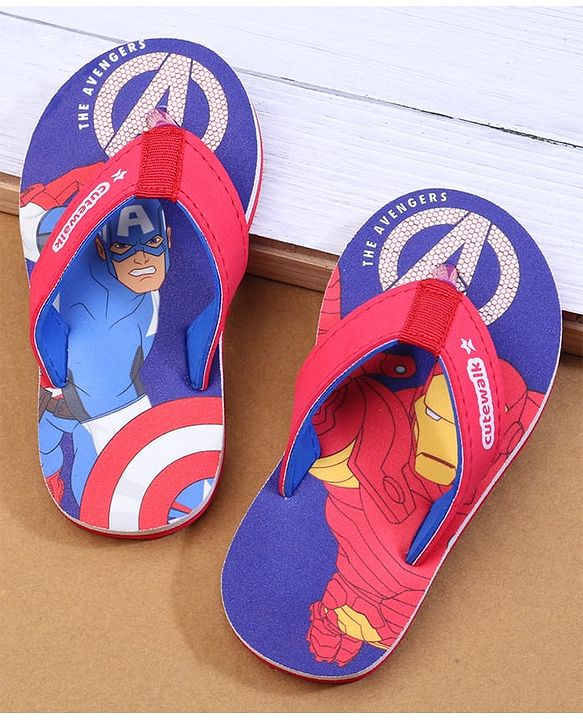 Cute Walk by Babyhug Marvel Flip Flops with Avengers Print - Red & Blue