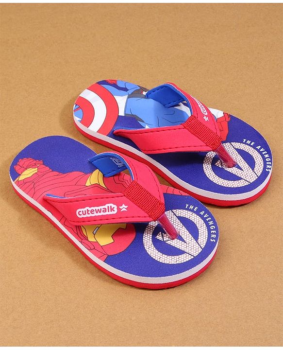 Cute Walk by Babyhug Marvel Flip Flops with Avengers Print - Red & Blue
