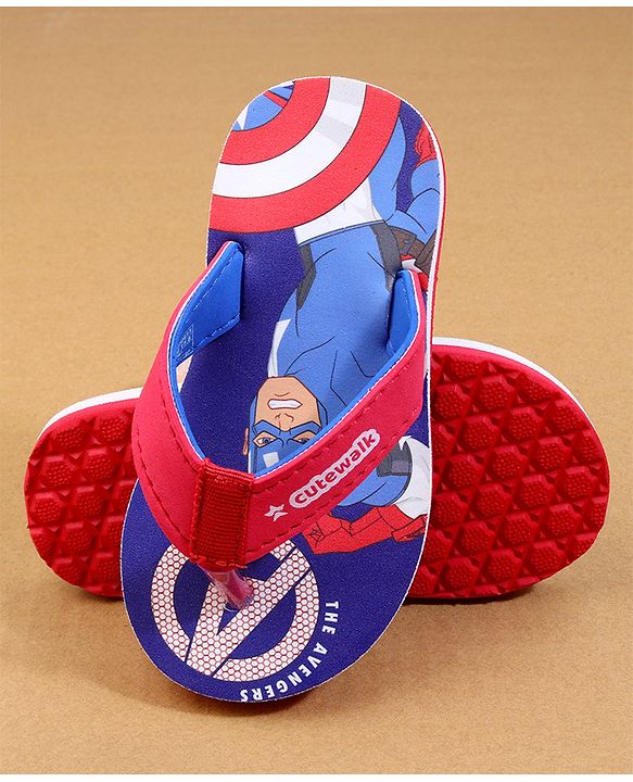 Cute Walk by Babyhug Marvel Flip Flops with Avengers Print - Red & Blue