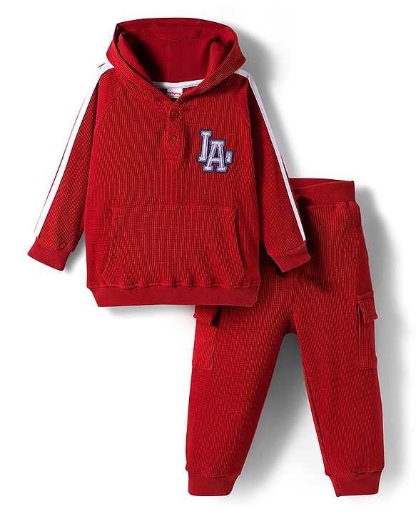 Babyhug Waffle Knit Premium Light Gauge Terry Full Raglan Sleeves Hooded  T-Shirt & Lounge Pant Set With Text Print - Maroon