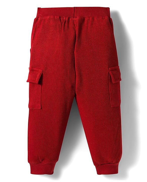 Babyhug Waffle Knit Premium Light Gauge Terry Full Raglan Sleeves Hooded  T-Shirt & Lounge Pant Set With Text Print - Maroon