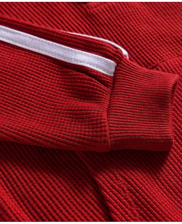 Babyhug Waffle Knit Premium Light Gauge Terry Full Raglan Sleeves Hooded  T-Shirt & Lounge Pant Set With Text Print - Maroon